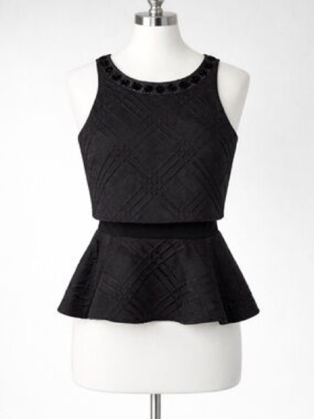 Express Black Peplum Top Ruffle Textured Tiered Layered beaded, size XS